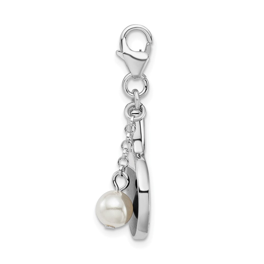 Amore La Vita Sterling Silver Rhodium-plated Polished Moveable Enameled Imitation Pearl Paddle Charm with Fancy Lobster Clasp