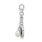 Amore La Vita Sterling Silver Rhodium-plated Polished Moveable Enameled Imitation Pearl Paddle Charm with Fancy Lobster Clasp