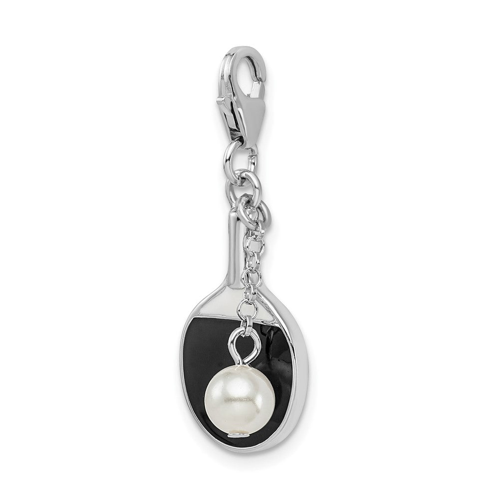 Amore La Vita Sterling Silver Rhodium-plated Polished Moveable Enameled Imitation Pearl Paddle Charm with Fancy Lobster Clasp