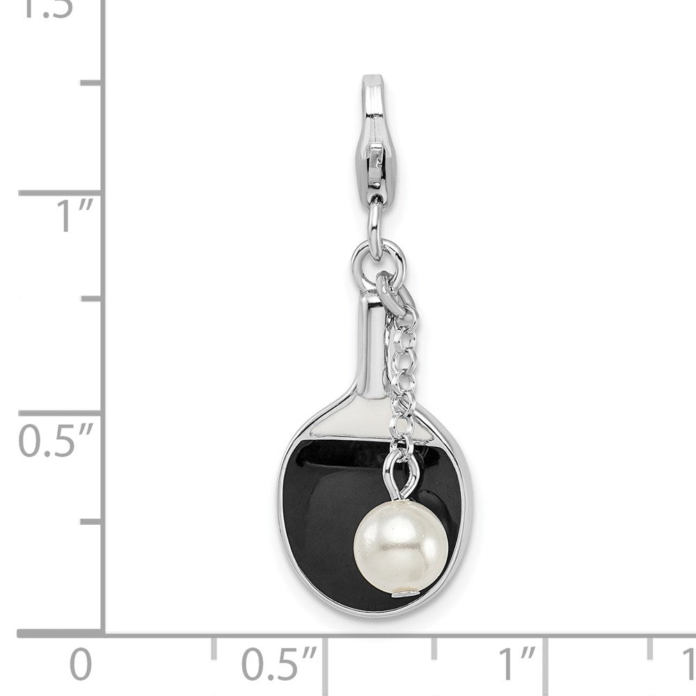 Amore La Vita Sterling Silver Rhodium-plated Polished Moveable Enameled Imitation Pearl Paddle Charm with Fancy Lobster Clasp