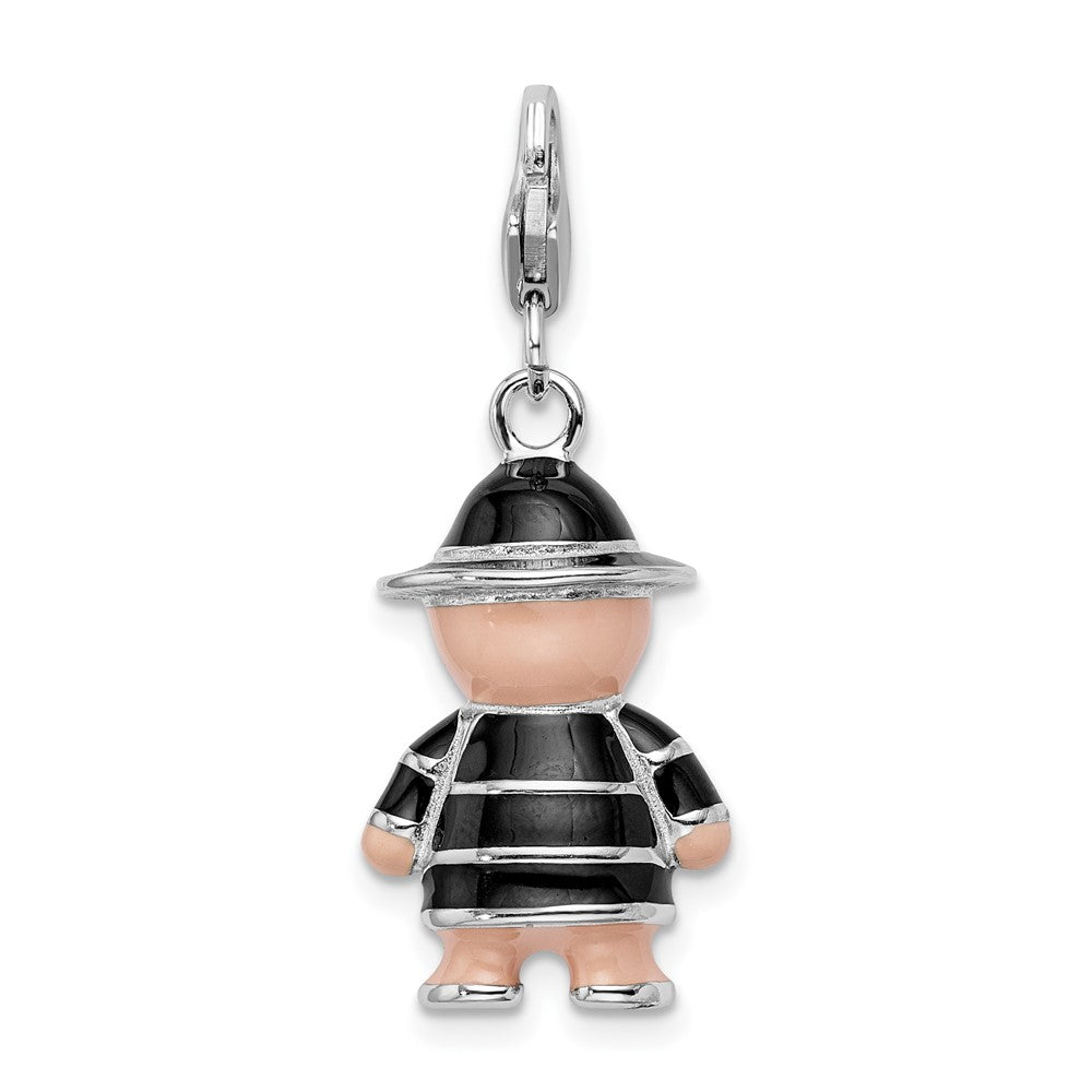 Amore La Vita Sterling Silver Rhodium-plated Polished 3-D Enameled Teddy Bear in Black Hat and Coat Charm with Fancy Lobster Clasp