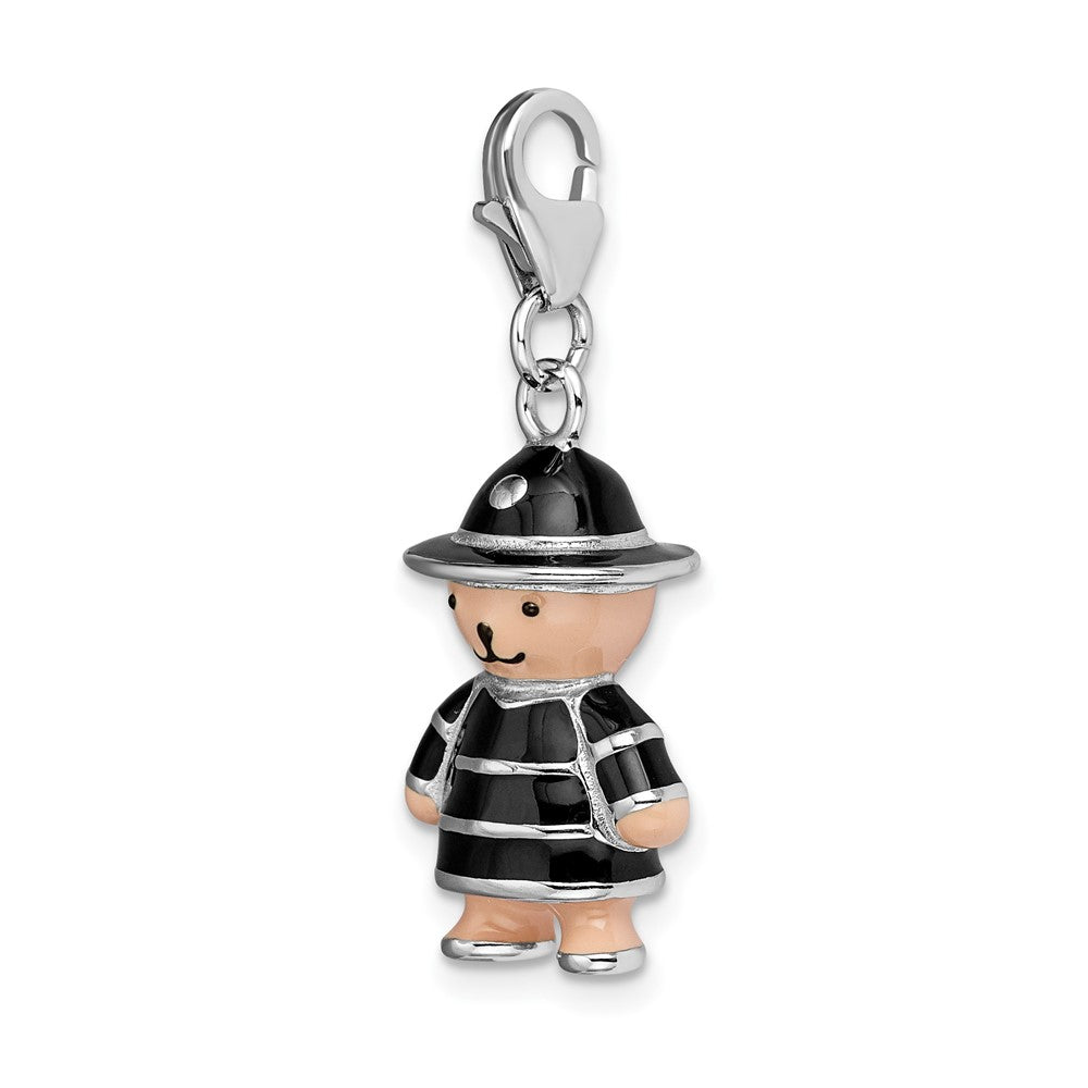 Amore La Vita Sterling Silver Rhodium-plated Polished 3-D Enameled Teddy Bear in Black Hat and Coat Charm with Fancy Lobster Clasp