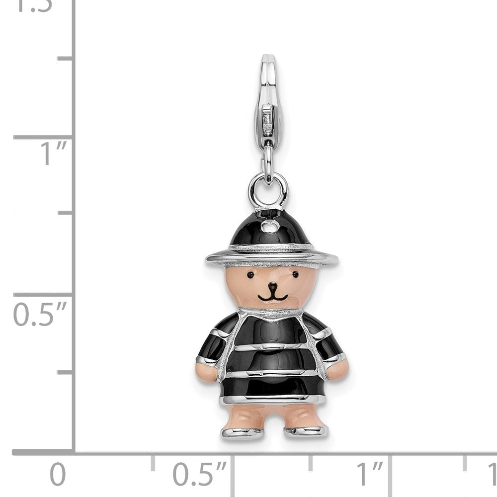 Amore La Vita Sterling Silver Rhodium-plated Polished 3-D Enameled Teddy Bear in Black Hat and Coat Charm with Fancy Lobster Clasp