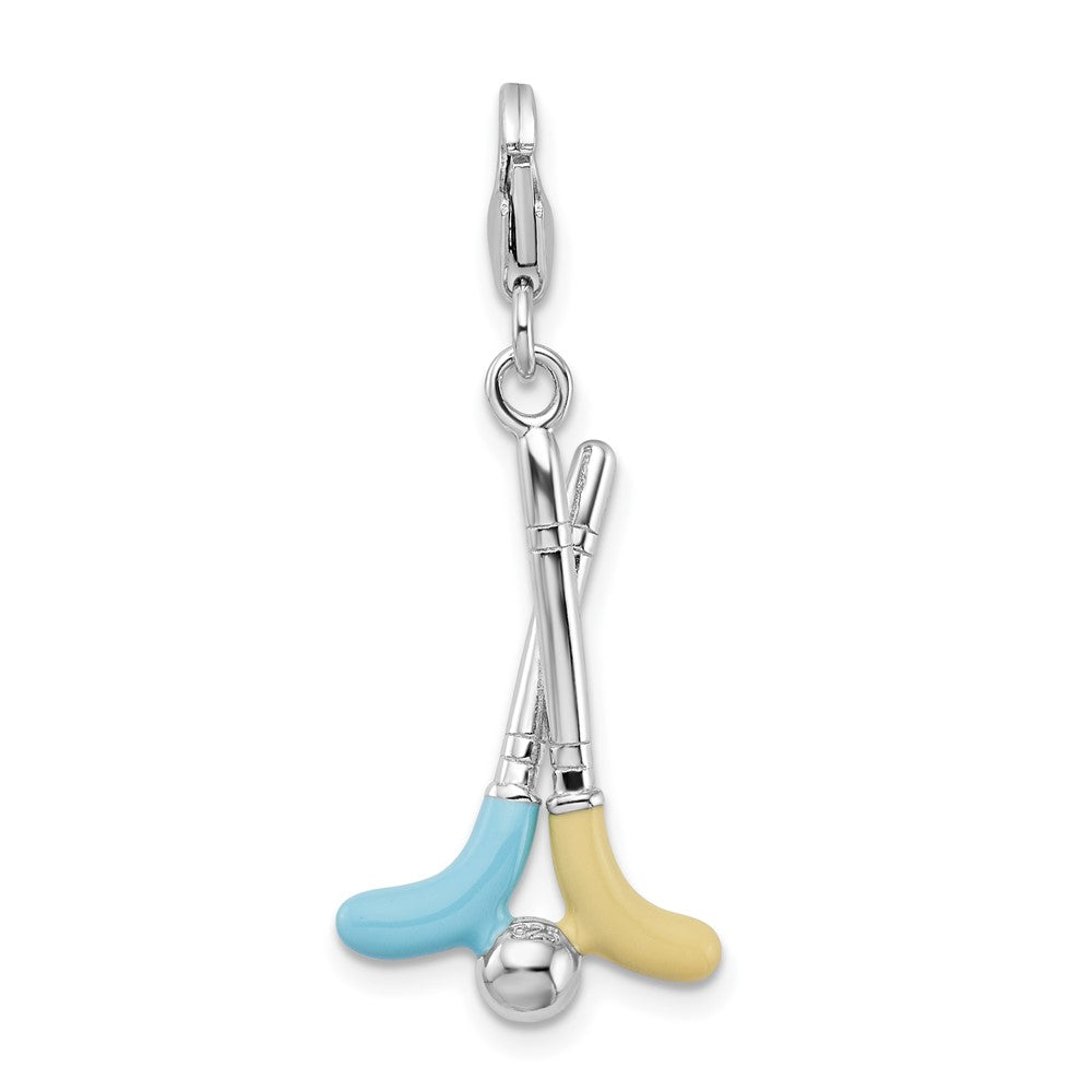 Amore La Vita Sterling Silver Rhodium-plated Polished Enameled Crystal Golf Clubs Charm with Fancy Lobster Clasp