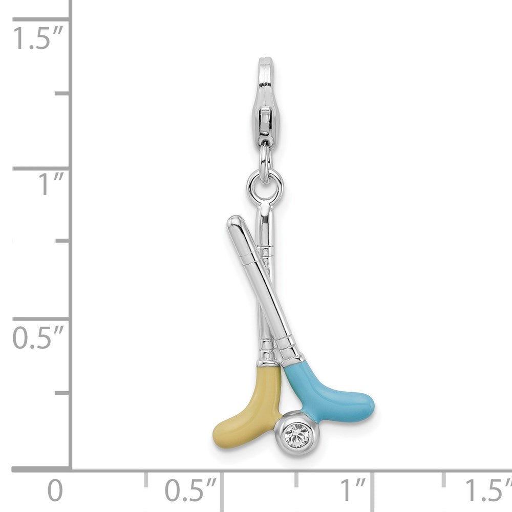 Amore La Vita Sterling Silver Rhodium-plated Polished Enameled Crystal Golf Clubs Charm with Fancy Lobster Clasp