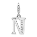 Amore La Vita Sterling Silver Rhodium-plated Polished CZ Letter N Initial Charm with Fancy Lobster Clasp