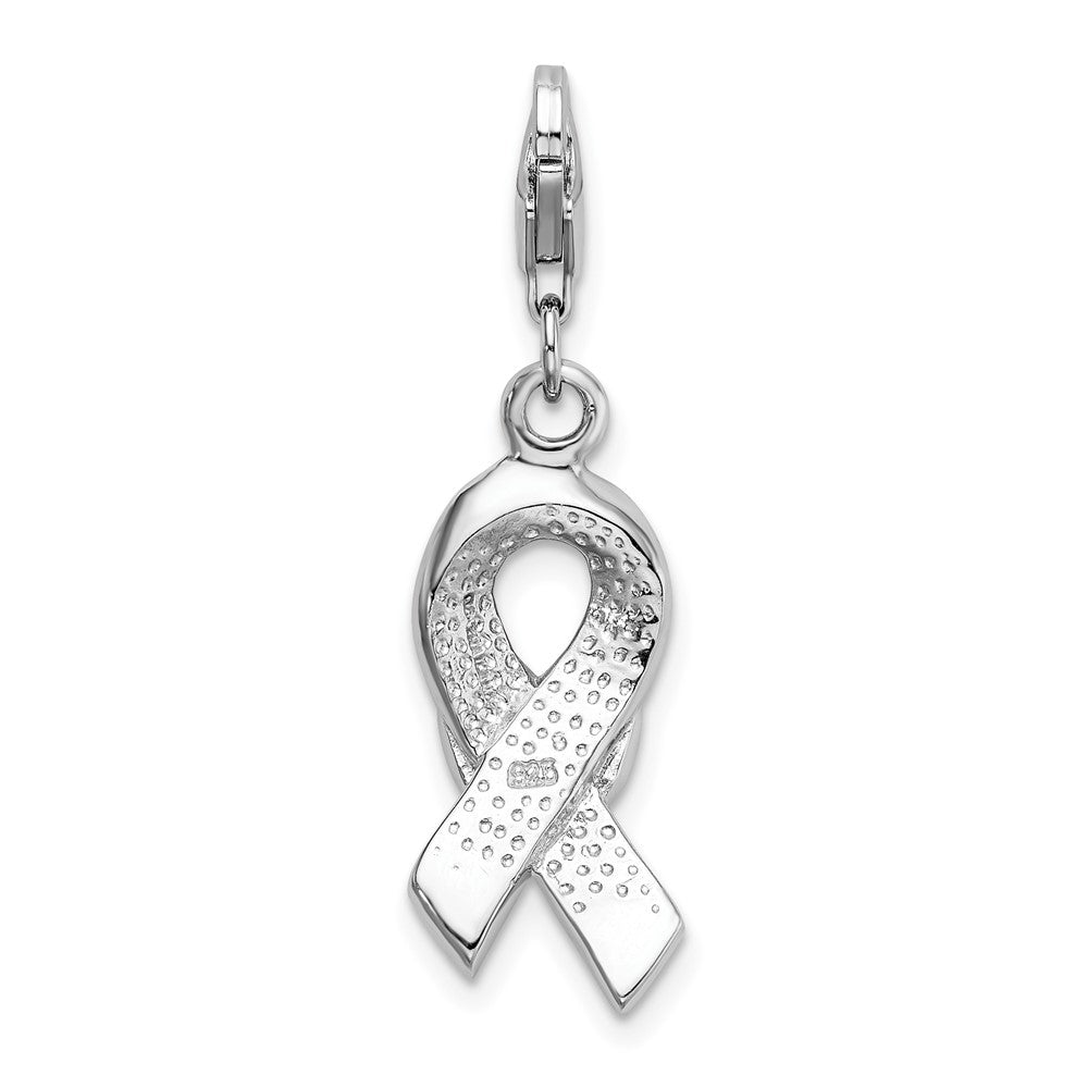 Amore La Vita Sterling Silver Rhodium-plated Polished 3-D Enameled With CZ Pink Awareness Ribbon and Heart Charm with Fancy Lobster Clasp