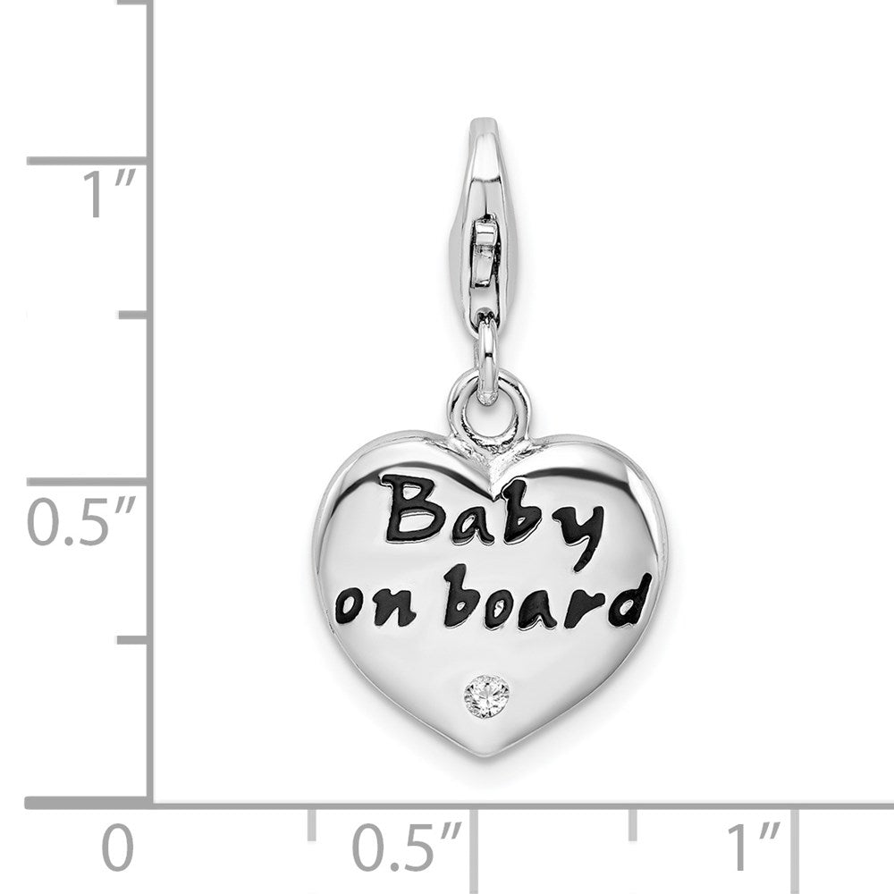 Amore La Vita Sterling Silver Rhodium-plated Polished Enameled CZ BABY ON BOARD Heart Charm with Fancy Lobster Clasp