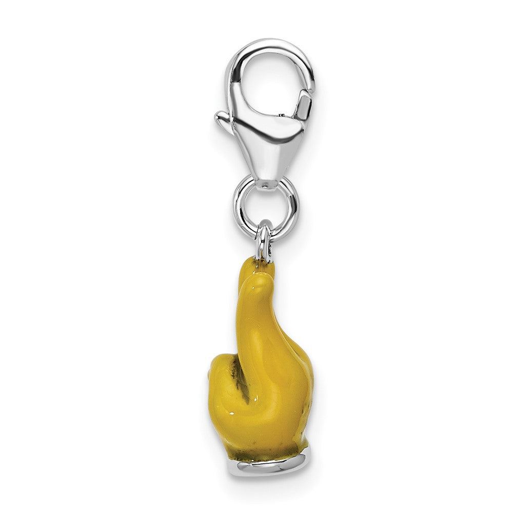 Amore La Vita Sterling Silver Rhodium-plated Polished 3-D Yellow Enameled Hand with Peace Sign Charm with Fancy Lobster Clasp