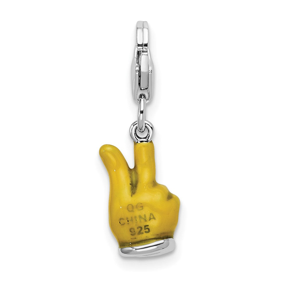 Amore La Vita Sterling Silver Rhodium-plated Polished 3-D Yellow Enameled Hand with Peace Sign Charm with Fancy Lobster Clasp