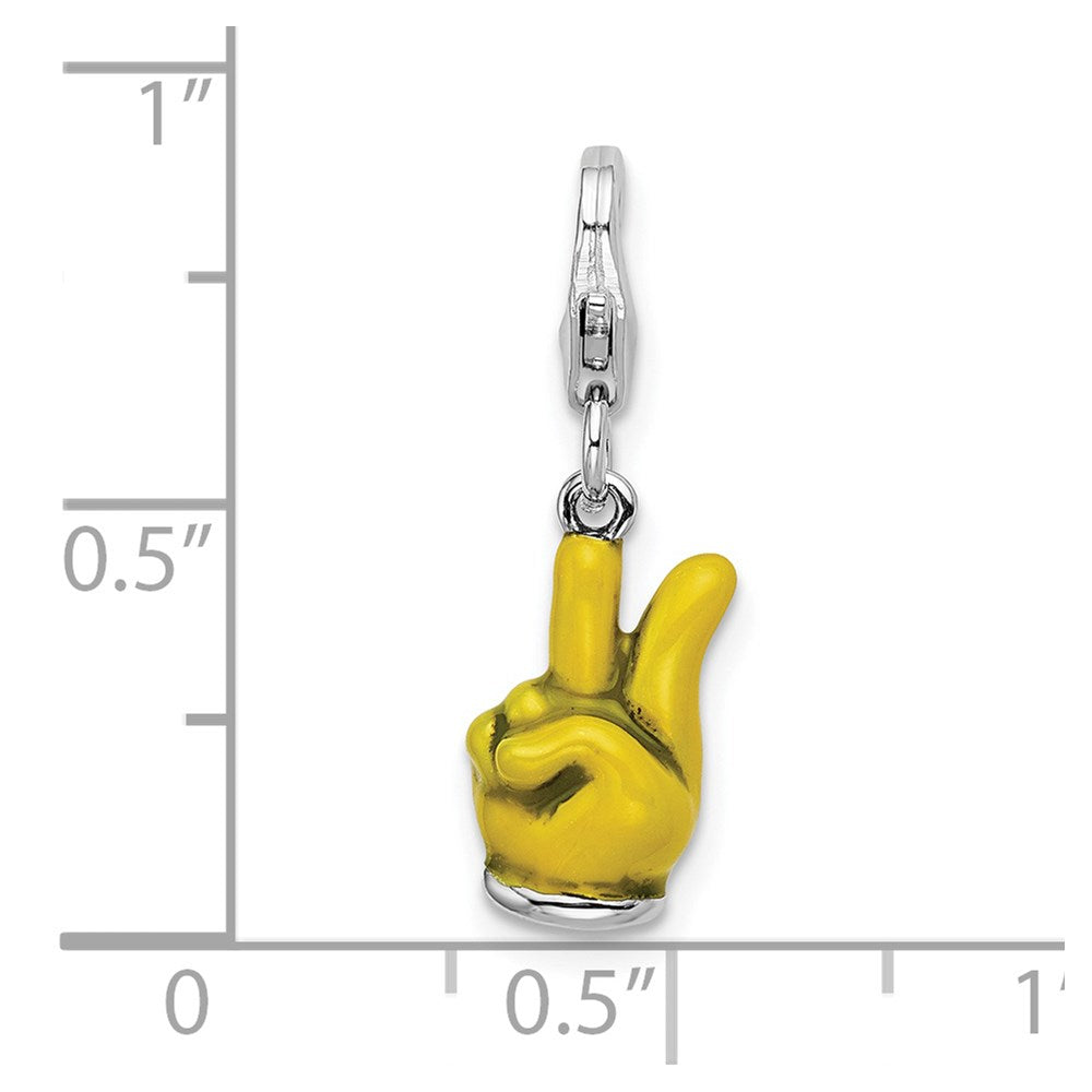 Amore La Vita Sterling Silver Rhodium-plated Polished 3-D Yellow Enameled Hand with Peace Sign Charm with Fancy Lobster Clasp