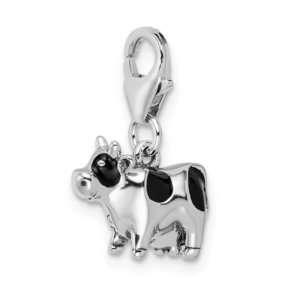 Amore La Vita Sterling Silver Rhodium-plated Polished 3-D Enameled Cow Charm with Fancy Lobster Clasp