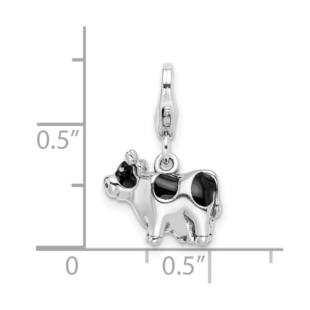 Amore La Vita Sterling Silver Rhodium-plated Polished 3-D Enameled Cow Charm with Fancy Lobster Clasp