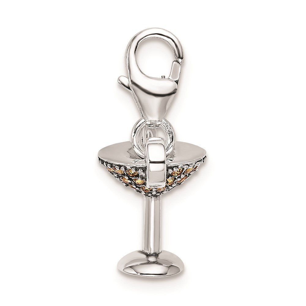 Sterling Silver Rhodium Yellow Crystal Martini Glass w/Lobster Clasp Charm