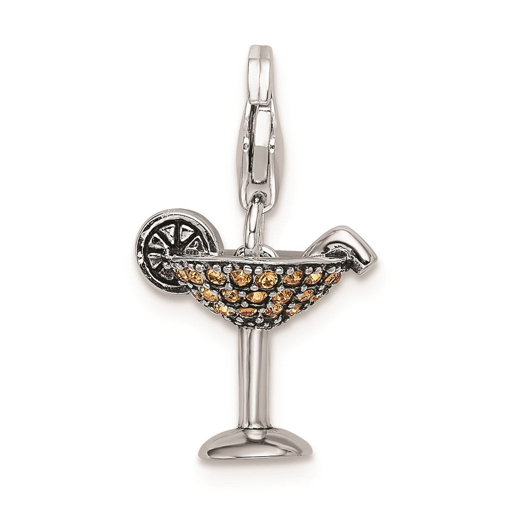 Sterling Silver Rhodium Yellow Crystal Martini Glass w/Lobster Clasp Charm