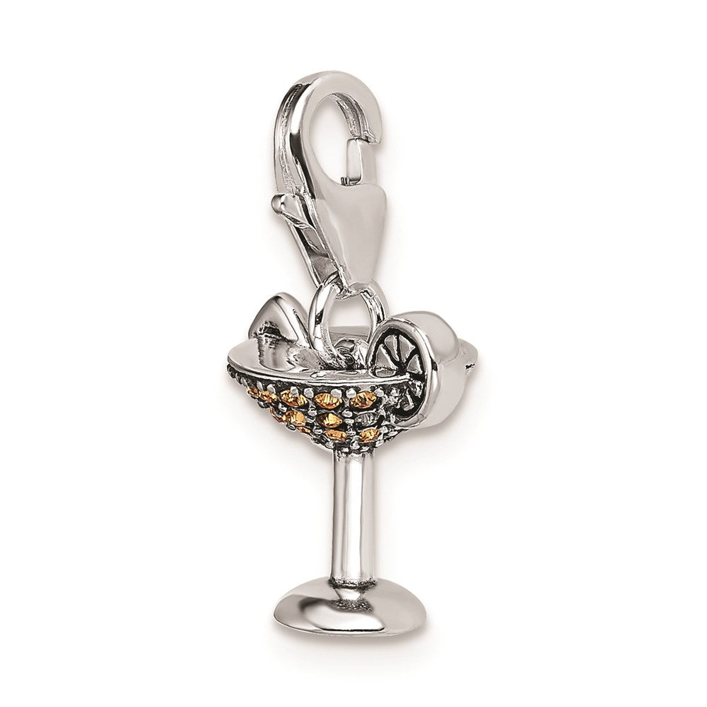 Sterling Silver Rhodium Yellow Crystal Martini Glass w/Lobster Clasp Charm