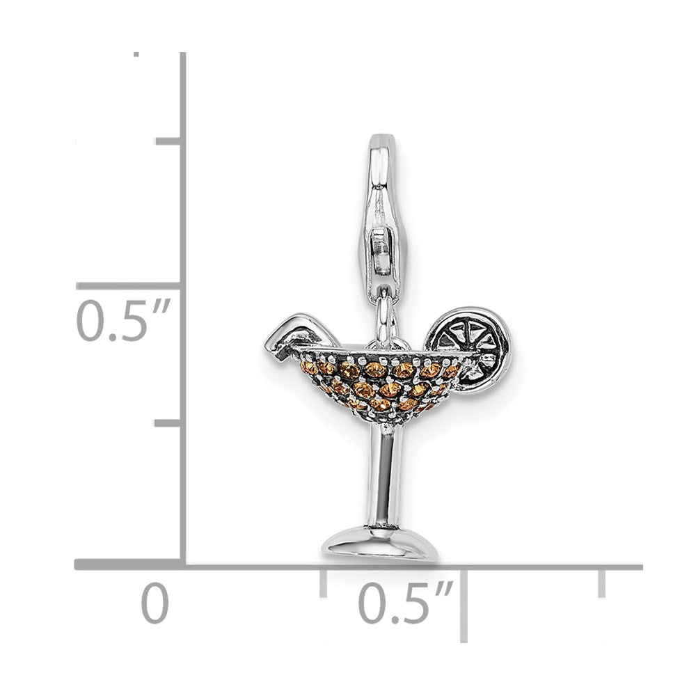 Sterling Silver Rhodium Yellow Crystal Martini Glass w/Lobster Clasp Charm
