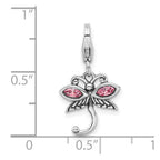 Amore La Vita Sterling Silver Rhodium-plated Polished Pink Crystal Dragonfly Charm with Fancy Lobster Clasp