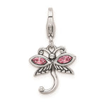 Amore La Vita Sterling Silver Rhodium-plated Polished Pink Crystal Dragonfly Charm with Fancy Lobster Clasp