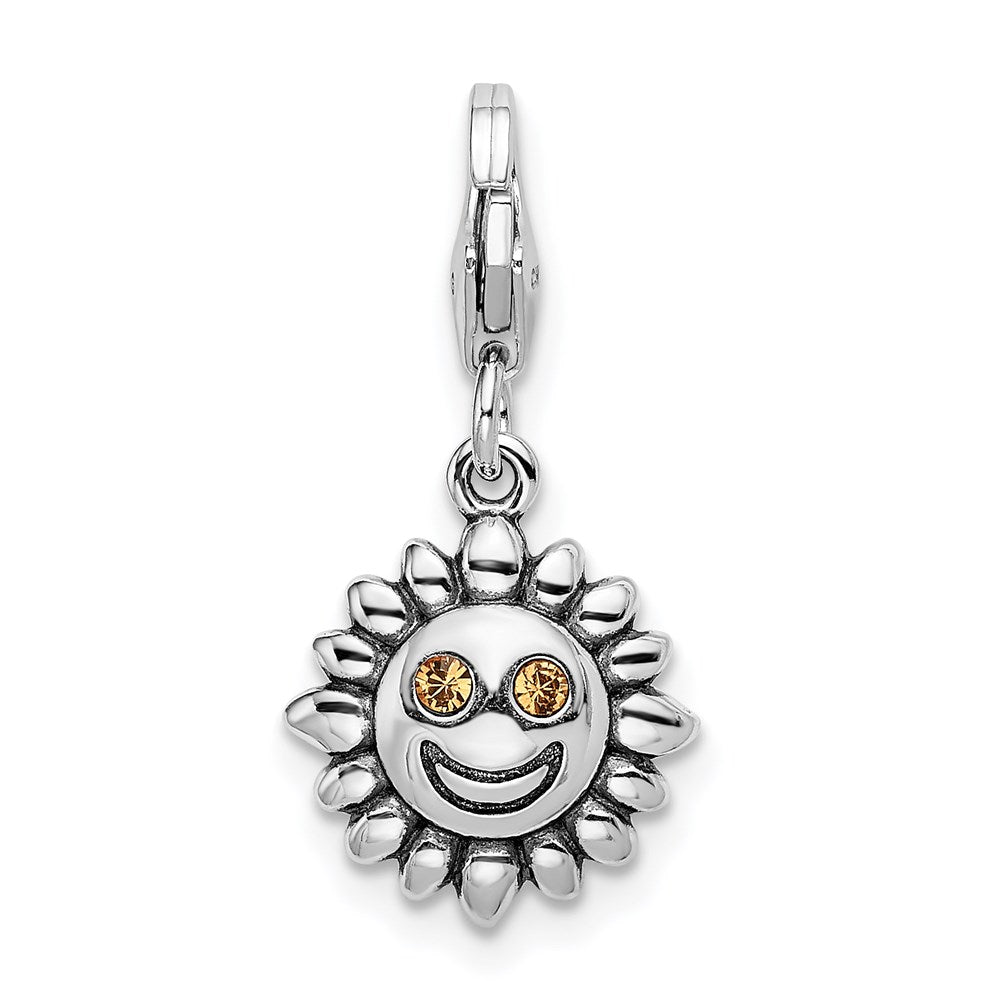 Amore La Vita Sterling Silver Rhodium-plated Polished 3-D Yellow Crystal Sun Charm with Fancy Lobster Clasp