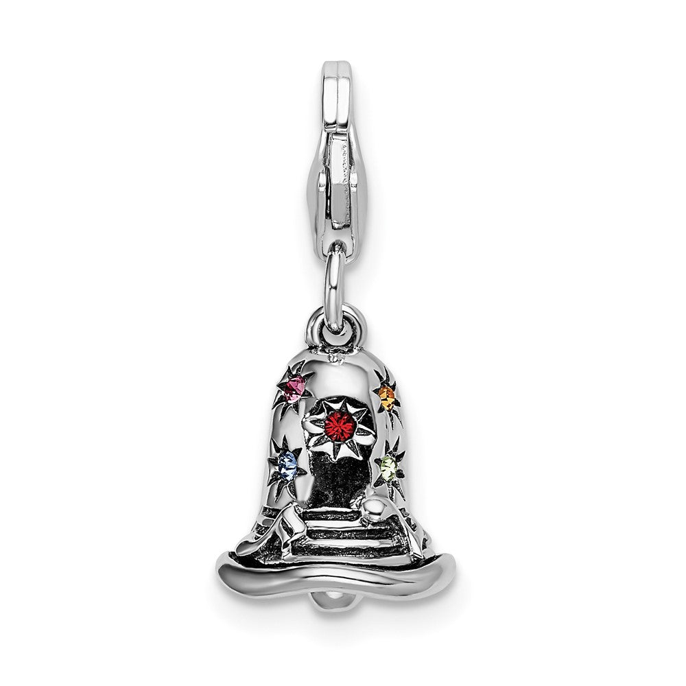 Amore La Vita Sterling Silver Rhodium-plated Polished 3-D Pink Red Blue Yellow and Green Crystal Bell Charm with Fancy Lobster Clasp