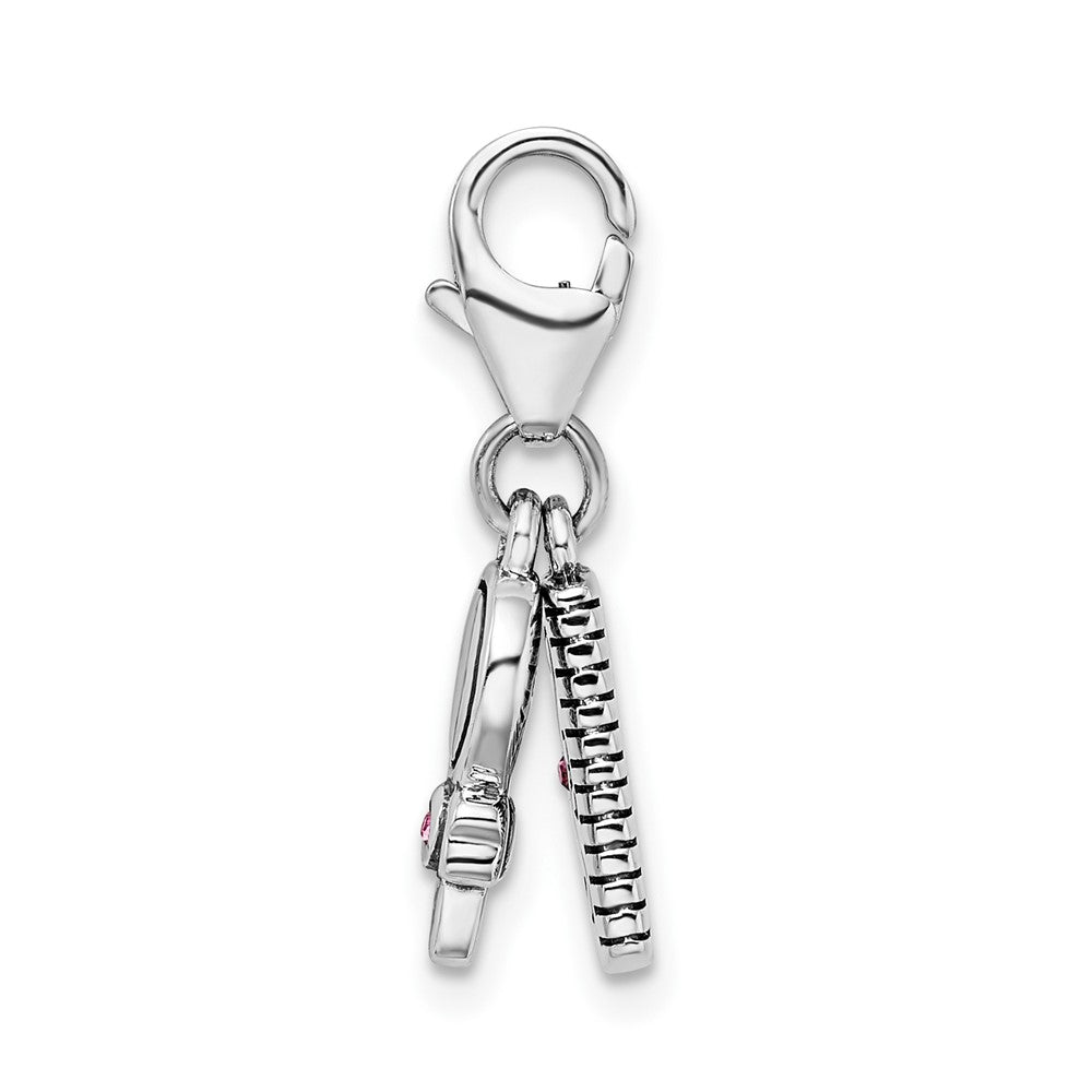 Amore La Vita Sterling Silver Rhodium-plated Polished 3-D Pink Crystal Comb and Mirror Charm with Fancy Lobster Clasp