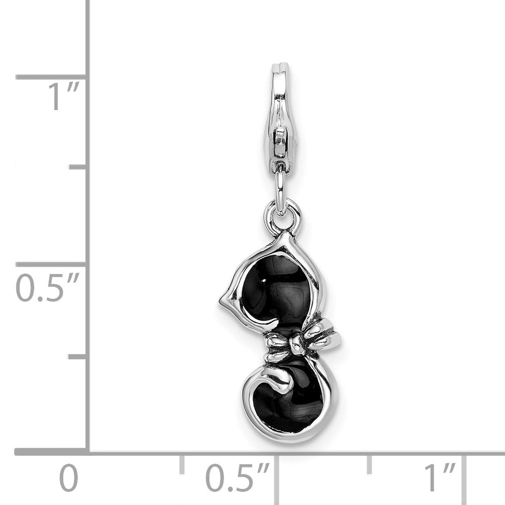 Amore La Vita Sterling Silver Rhodium-plated Polished 3-D Black Enameled Cat Charm with Fancy Lobster Clasp