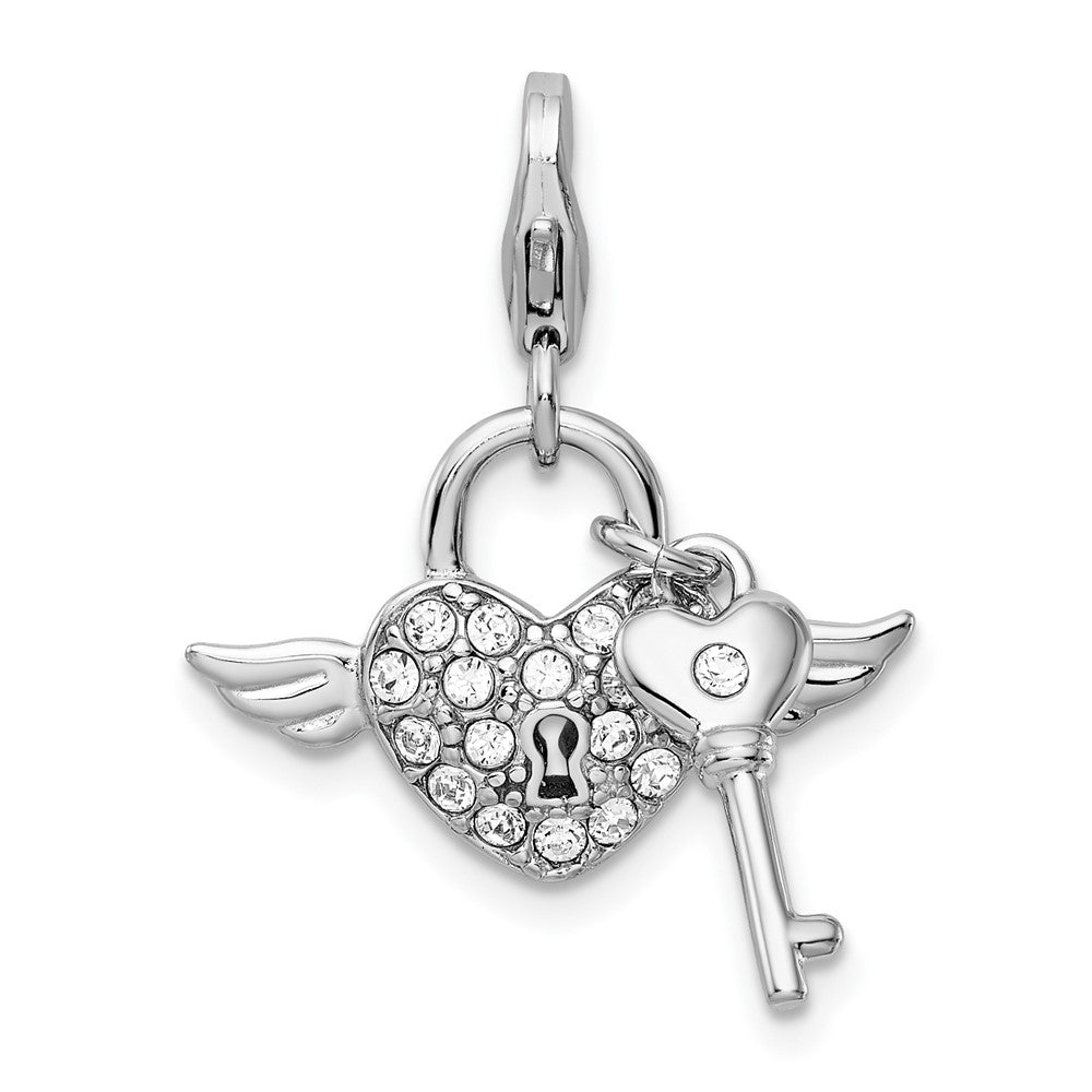 Amore La Vita Sterling Silver Rhodium-plated Polished Reversible Red Enameled Winged Heart and Key with Crystal Charm with Fancy Lobster Clasp