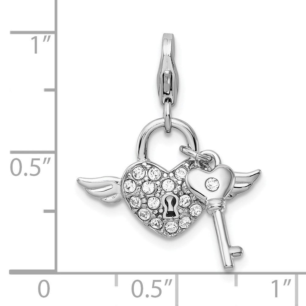 Amore La Vita Sterling Silver Rhodium-plated Polished Reversible Red Enameled Winged Heart and Key with Crystal Charm with Fancy Lobster Clasp