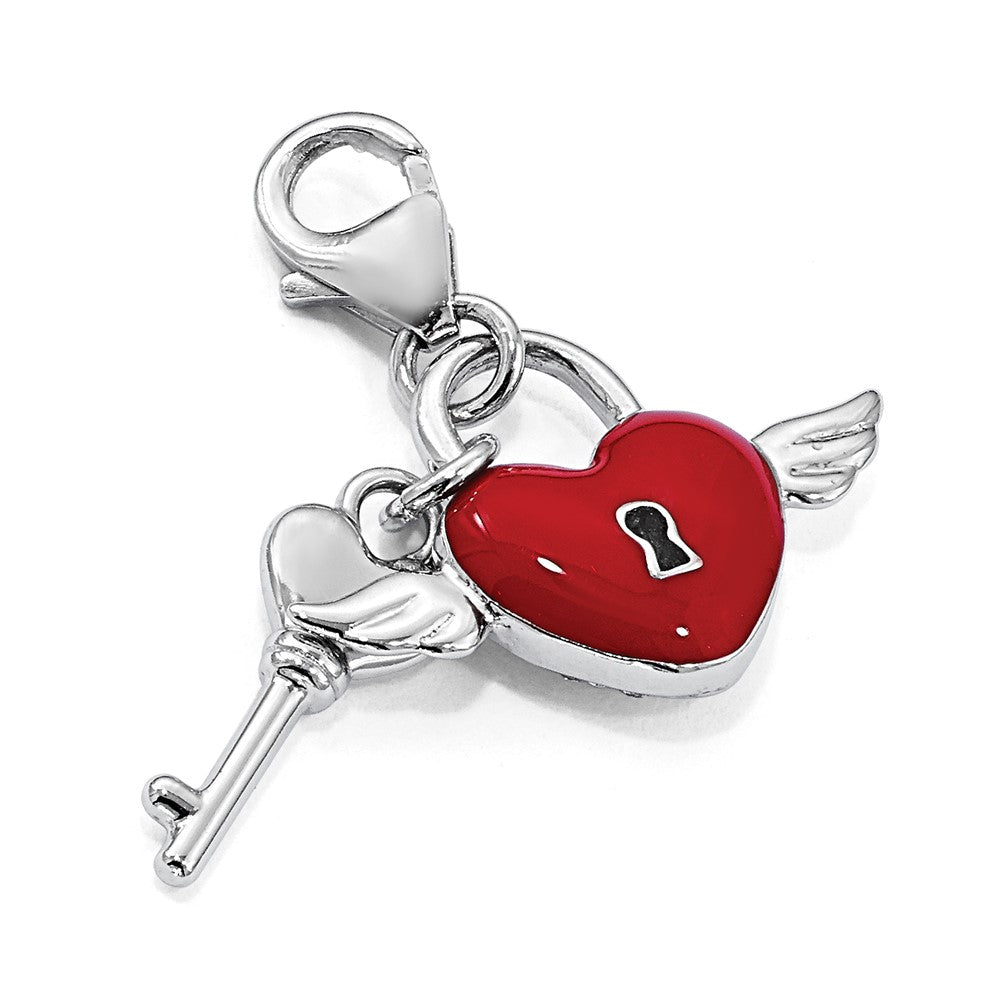 Amore La Vita Sterling Silver Rhodium-plated Polished Reversible Red Enameled Winged Heart and Key with Crystal Charm with Fancy Lobster Clasp