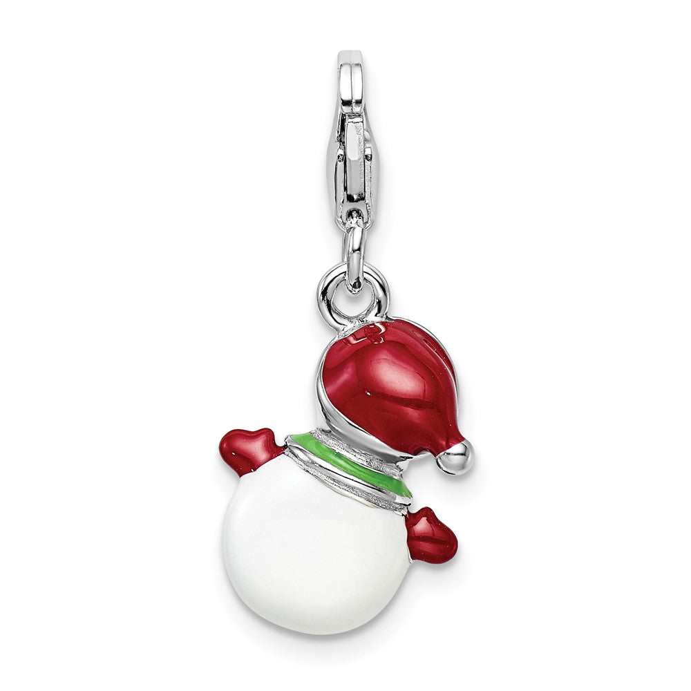 Amore La Vita Sterling Silver Rhodium-plated Polished 3-D Enameled with Crystal Snowman Lobster Clasp Charm