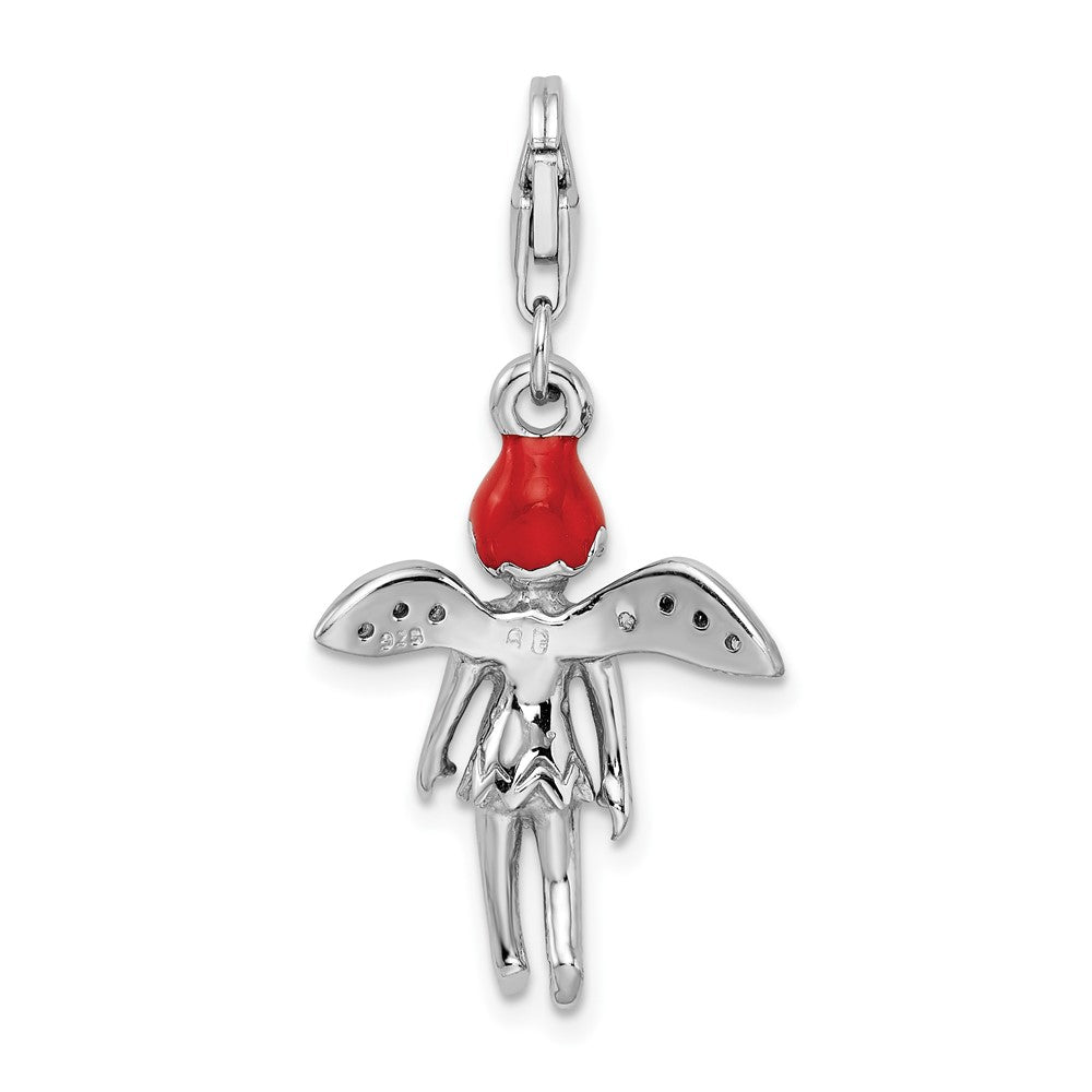 Amore La Vita Sterling Silver Rhodium-plated Polished 3-D Enameled with CZ Fairy Charm with Fancy Lobster Clasp