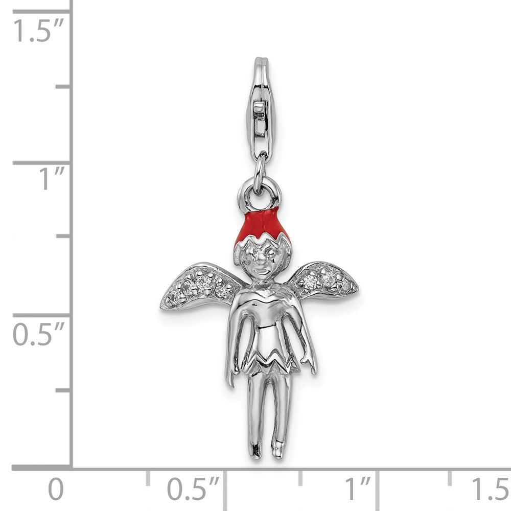 Amore La Vita Sterling Silver Rhodium-plated Polished 3-D Enameled with CZ Fairy Charm with Fancy Lobster Clasp