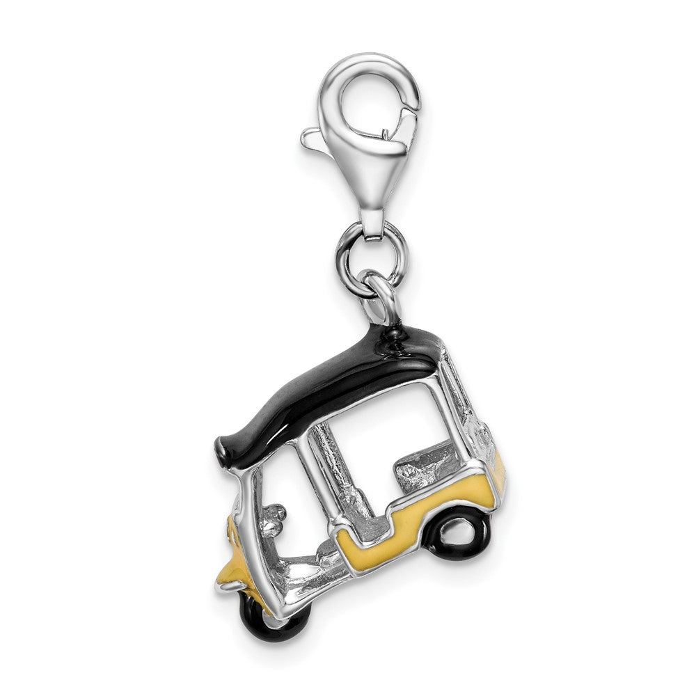 Amore La Vita Sterling Silver Rhodium-plated 3-D Polished Enameled Yellow Golf Cart Charm with Fancy Lobster Clasp