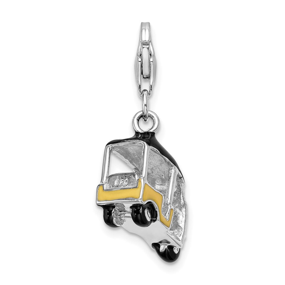 Amore La Vita Sterling Silver Rhodium-plated 3-D Polished Enameled Yellow Golf Cart Charm with Fancy Lobster Clasp