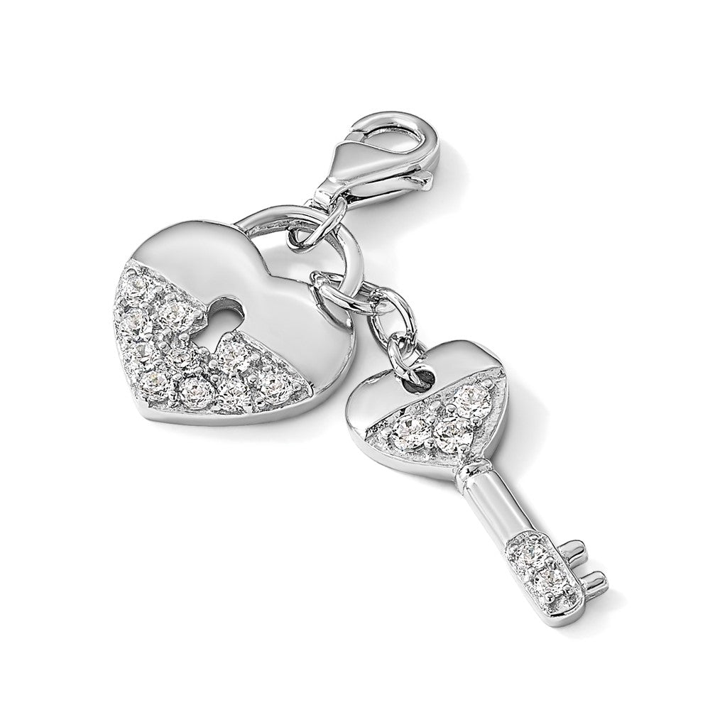 Amore La Vita Sterling Silver Rhodium-plated Polished CZ Heart and Key Charm with Fancy Lobster Clasp