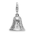 Amore La Vita Sterling Silver Rhodium-plated Polished 3-D Movable Bell Charm with Fancy Lobster Clasp