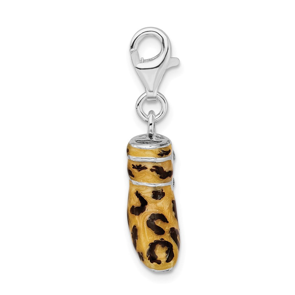 Amore La Vita Sterling Silver Rhodium-plated Polished 3-D CZ Enameled Leopard Print Boot Charm with Fancy Lobster Clasp