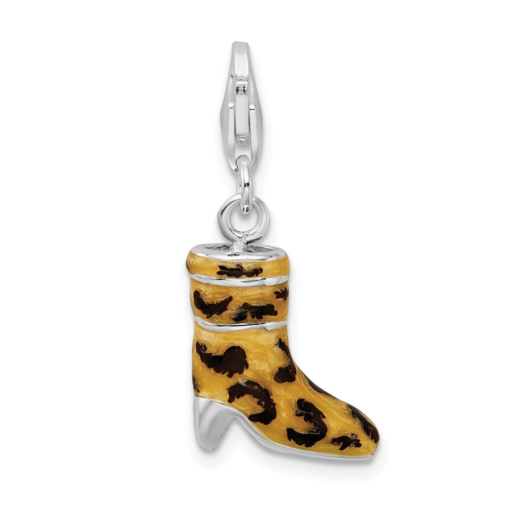 Amore La Vita Sterling Silver Rhodium-plated Polished 3-D CZ Enameled Leopard Print Boot Charm with Fancy Lobster Clasp