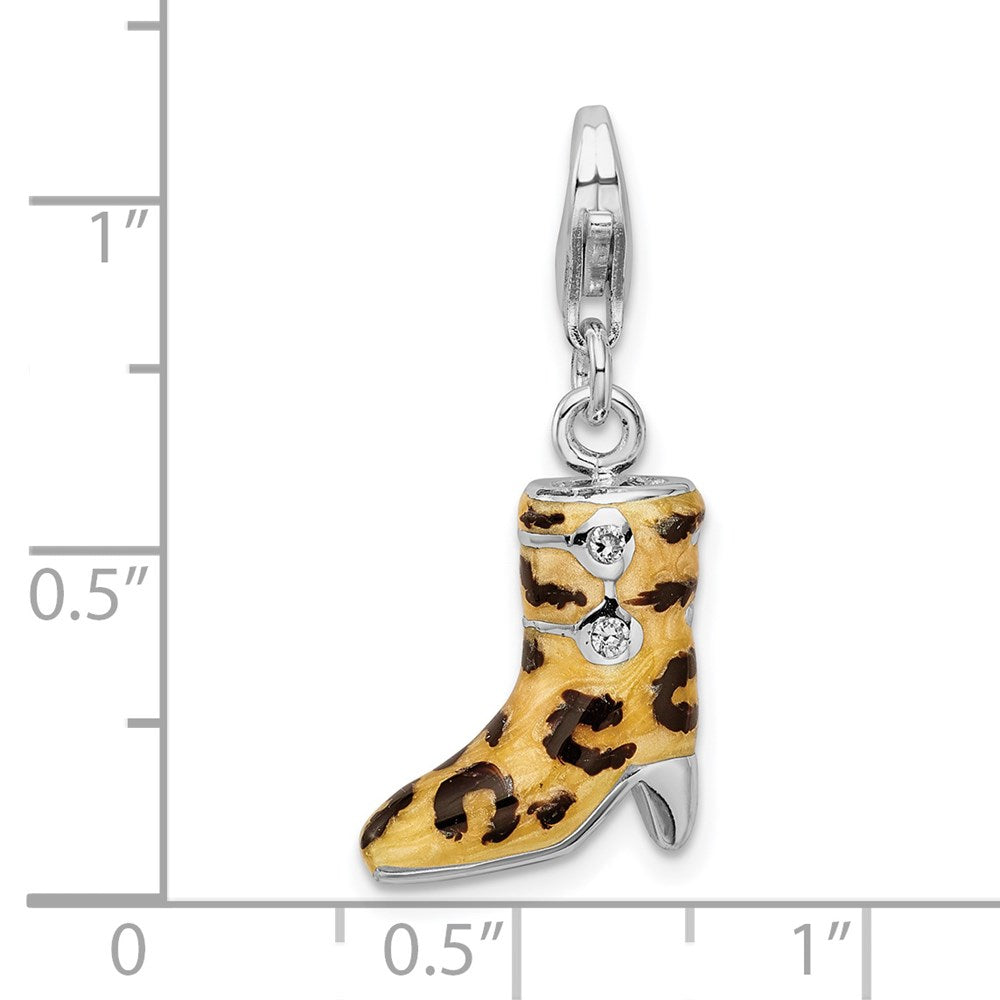Amore La Vita Sterling Silver Rhodium-plated Polished 3-D CZ Enameled Leopard Print Boot Charm with Fancy Lobster Clasp