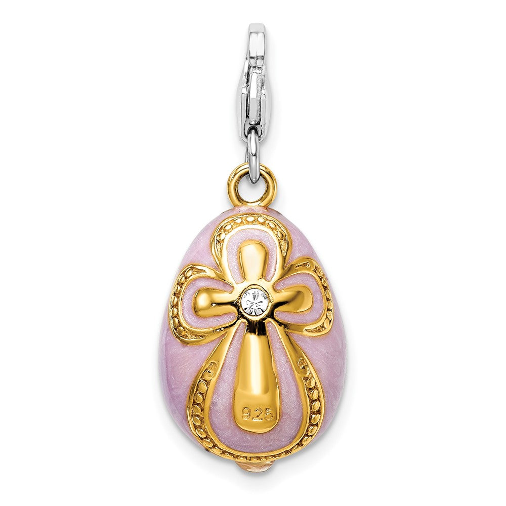 Amore La Vita Sterling Silver Rhodium-plated and Gold-plated Polished 3-D Crystal Enameled Pink Egg with Cross Charm with Fancy Lobster Clasp