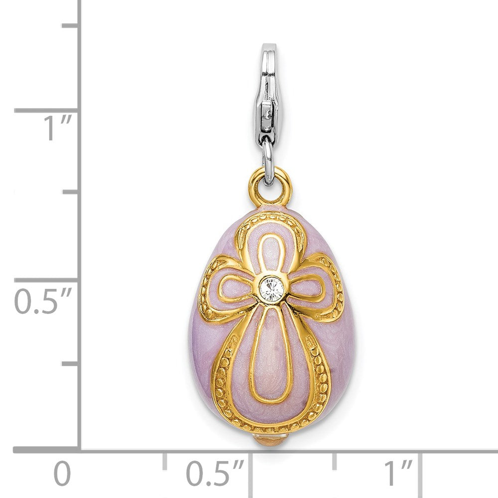 Amore La Vita Sterling Silver Rhodium-plated and Gold-plated Polished 3-D Crystal Enameled Pink Egg with Cross Charm with Fancy Lobster Clasp