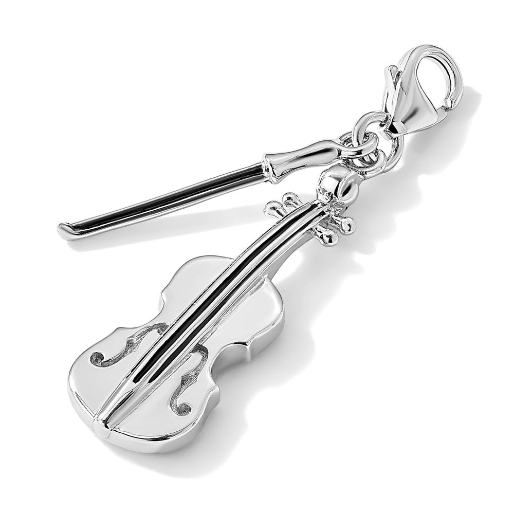 Amore La Vita Sterling Silver Rhodium-plated Polished 3-D Violin with Antiqued Bow Charm with Fancy Lobster Clasp