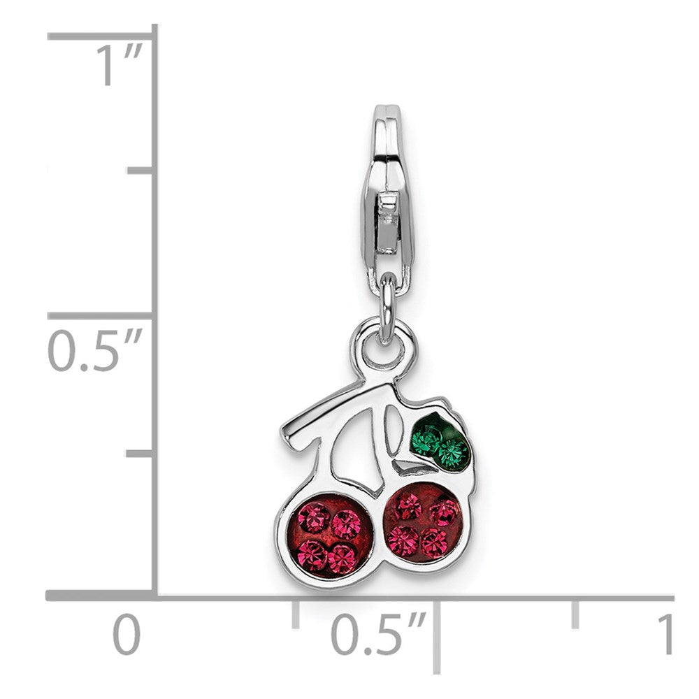 Sterling Silver Rhodium-plated Crystal Cherries w/Lobster Clasp Charm