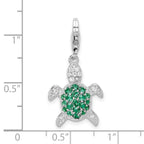Amore La Vita Sterling Silver Rhodium-plated Polished Green and Clear CZ Turtle Charm with Fancy Lobster Clasp