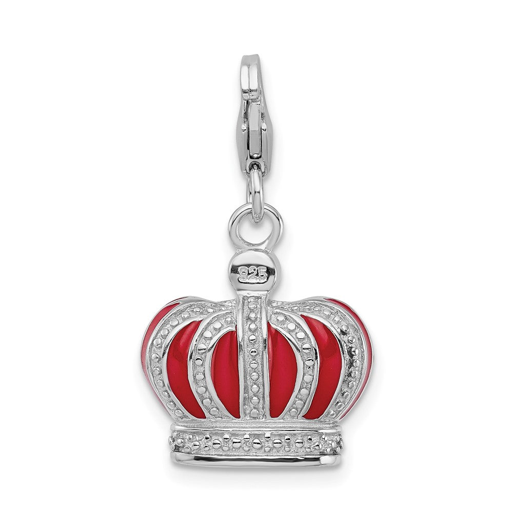 Amore La Vita Sterling Silver Rhodium-plated Polished 3-D Crystal and Red Enameled Crown Charm with Fancy Lobster Clasp