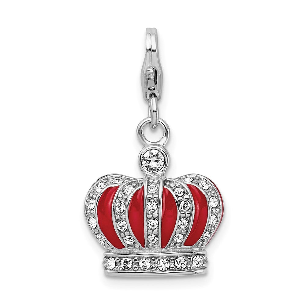 Amore La Vita Sterling Silver Rhodium-plated Polished 3-D Crystal and Red Enameled Crown Charm with Fancy Lobster Clasp