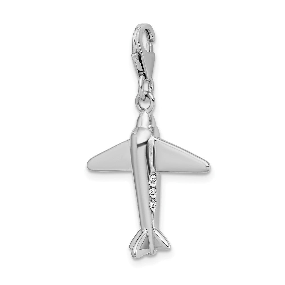 Amore La Vita Sterling Silver Rhodium-plated Polished 3-D Crystal Airplane Charm with Fancy Lobster Clasp
