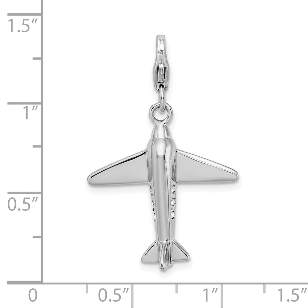 Amore La Vita Sterling Silver Rhodium-plated Polished 3-D Crystal Airplane Charm with Fancy Lobster Clasp