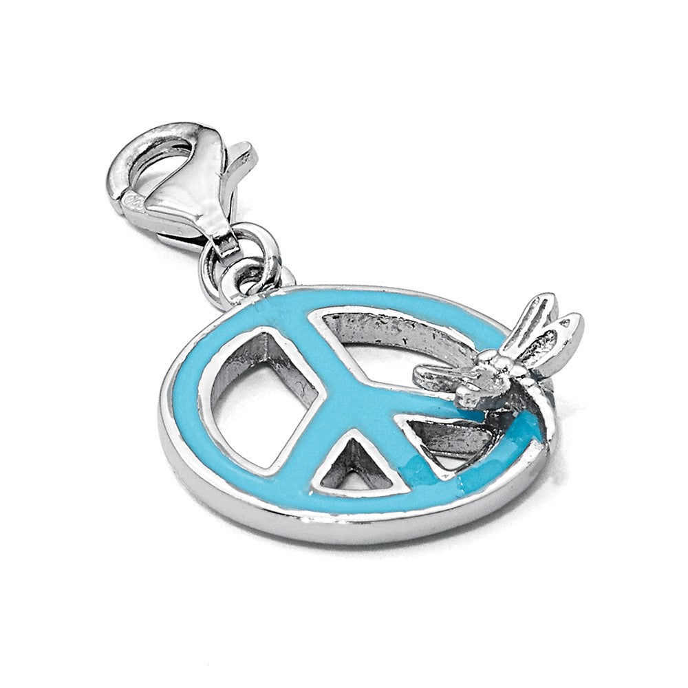 Amore La Vita Sterling Silver Rhodium-plated Polished Enameled Peace Sign with Dragonfly Charm with Fancy Lobster Clasp